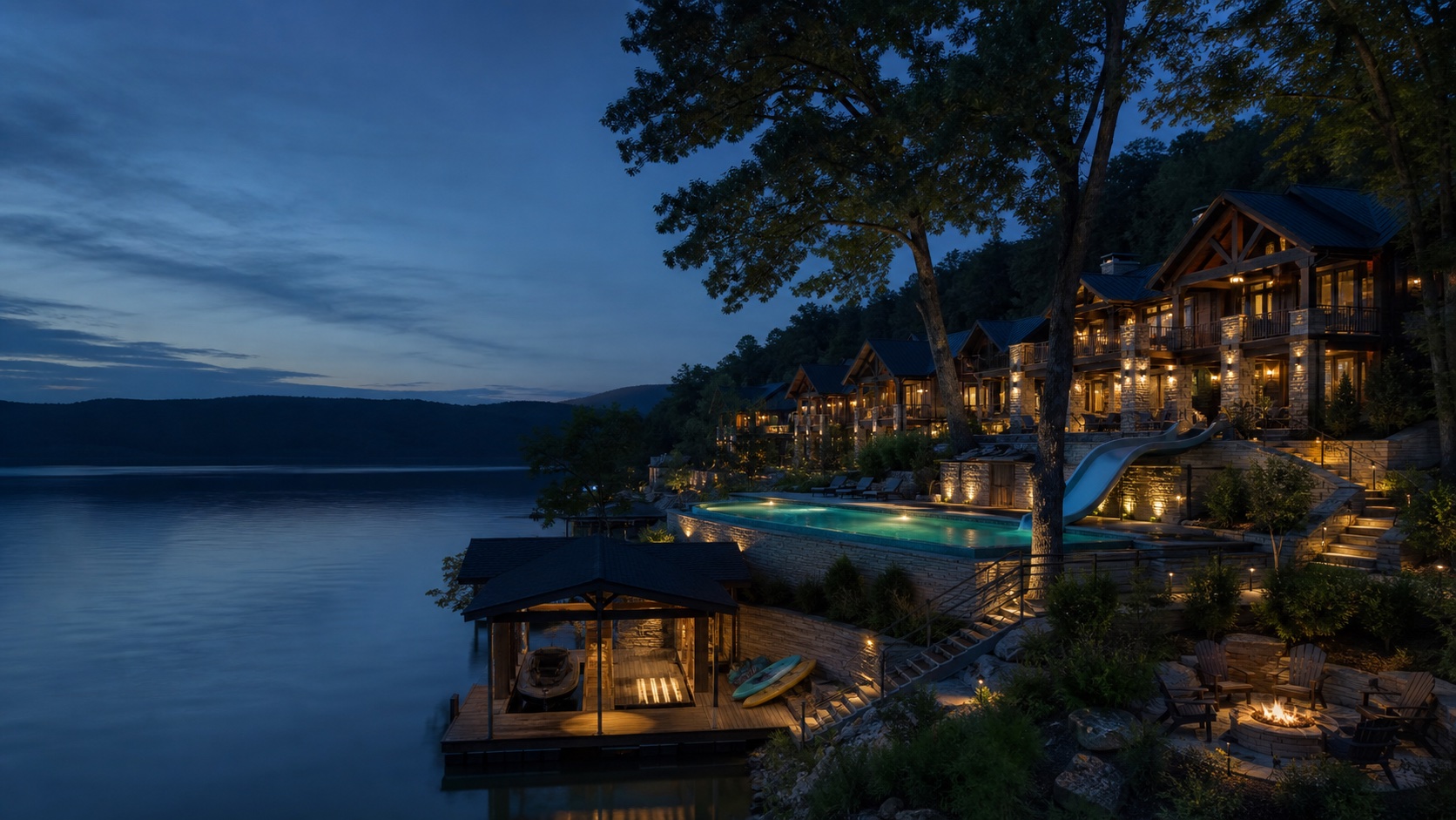 An illustrative twilight lodge-and-lake concept created for the Chalets on Table Rock Lake guest companion