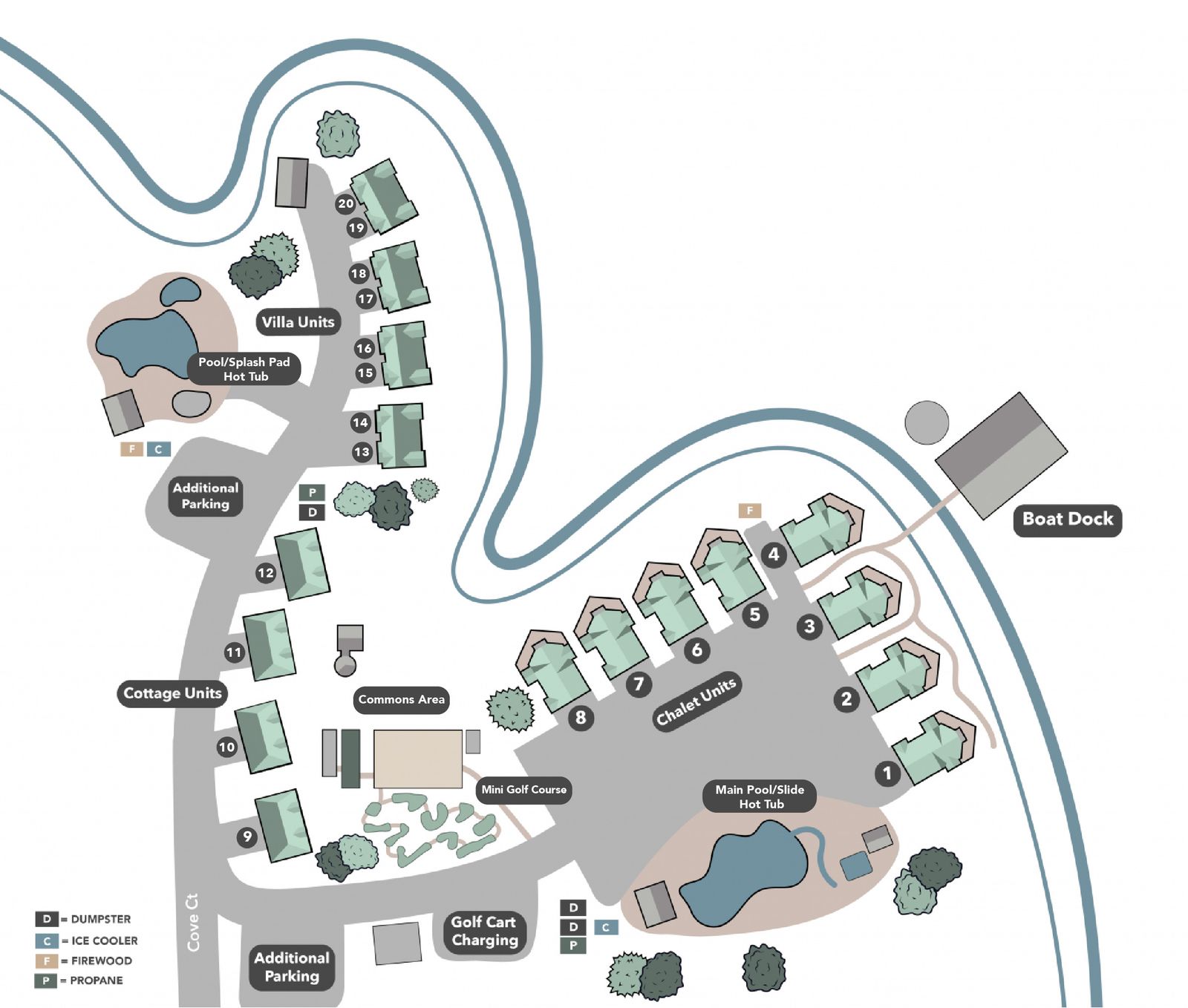 Official illustrated resort layout for Chalets on Table Rock Lake